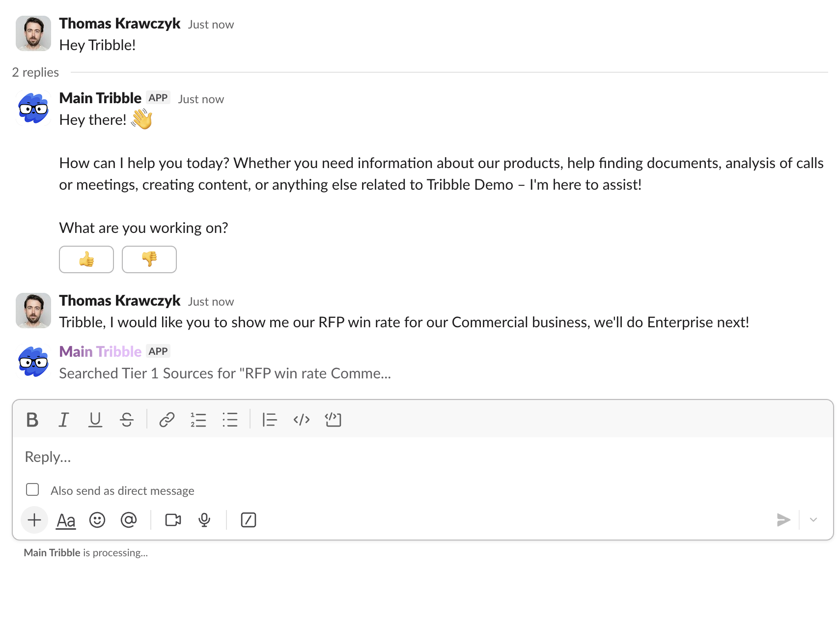 Tribble AI assistant responding in Slack with instant help for sales teams